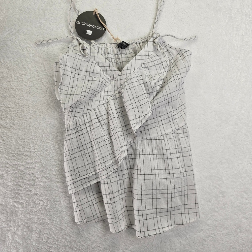Merci White‎ Plaid Cami Top Ruffle Sleeveless Sz M Dainty Coquette Cottagecore
